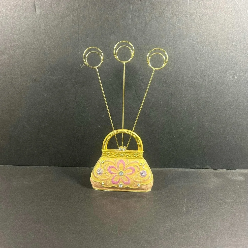 Purse Rhinestone Photo Holder Gold Pink Floral Triple Clip Decor